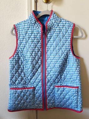 Blue Gingham Reversible Quilted Vest with Pink Trim